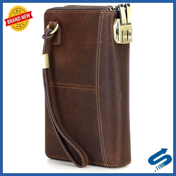 Full Grain Leather Passport Wallet RFID Lock Wristlet Clutch Phone Organizer